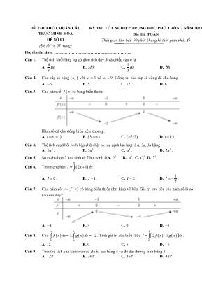 Đề thi thử Tốt nghiệp THPT môn Toán - Mã đề 01 - Năm học 2021